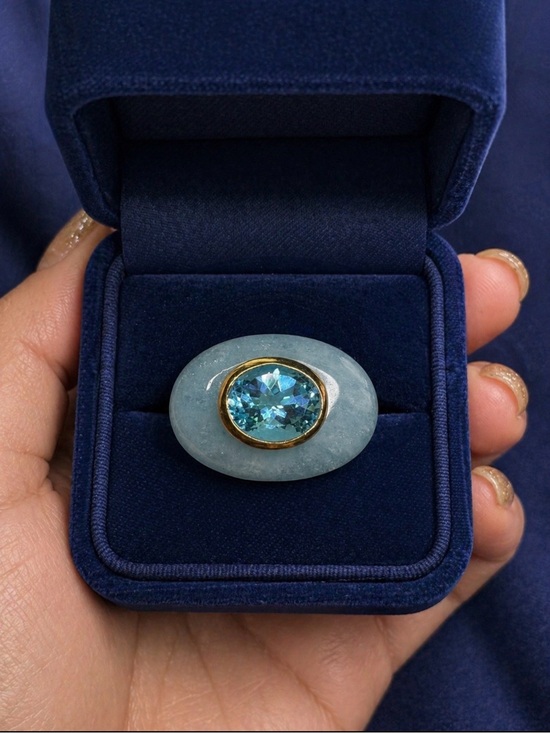 Carol Brodie Rarities Jewelry - Ring Blue Amazonite Cabochon Blue Topaz Gold Vermeil Sterling Silver